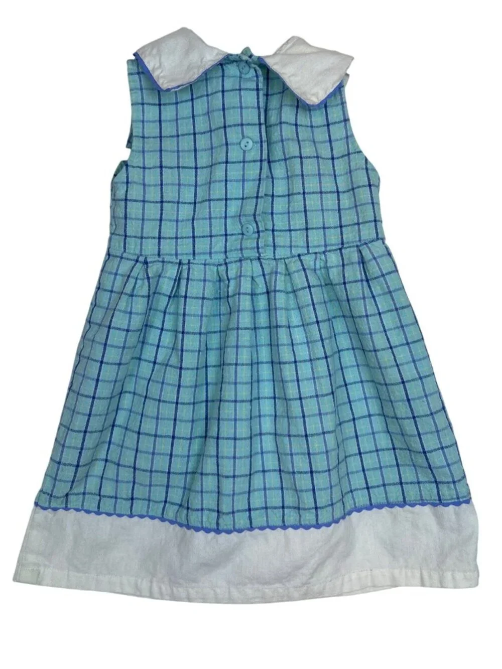 Vtg Girl's 4T Sleeveless Dress Plaid Embroidered Vegetable Peter Pan Collar